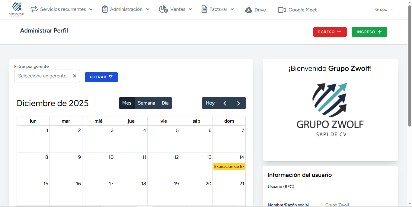 Interfaz de usuario del software ZWOLF mostrando gestión de proyectos para profesionales
